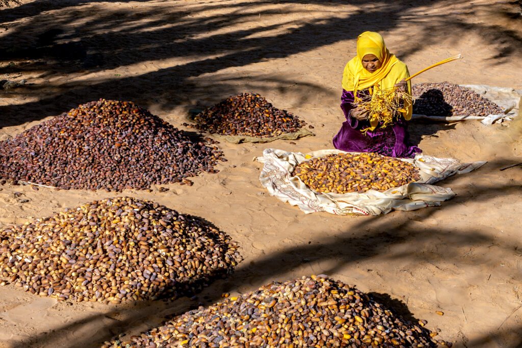 Street market scene with baskets and patterns