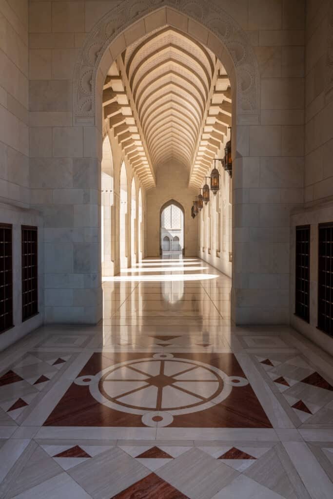 Reflective interior hall with columns