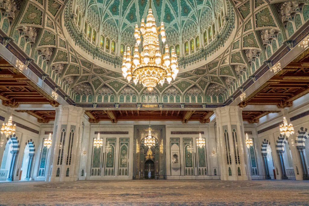 Symmetrical architectural interior with ornate ceiling
