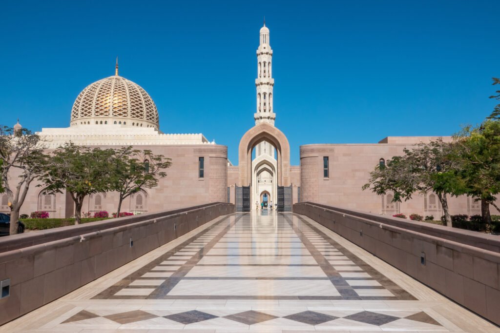 Architectural courtyard with a mosque and minaret