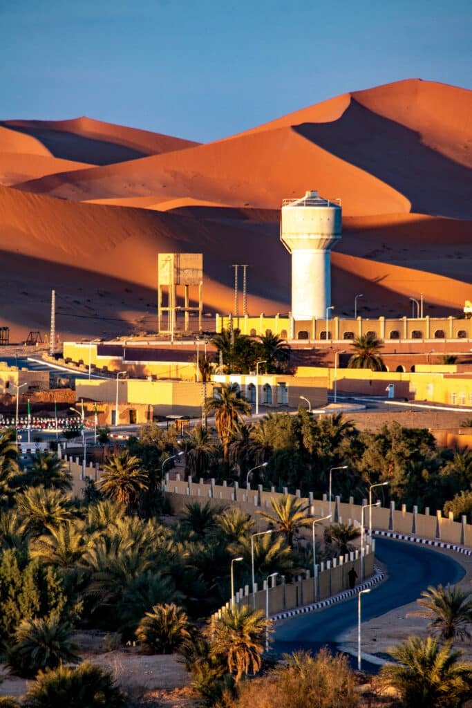 Nighttime architectural scene with lit structures